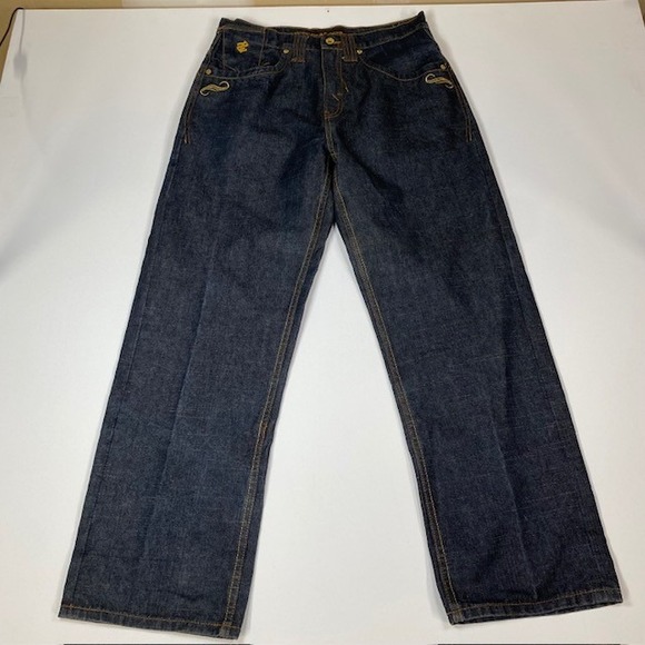 Rocawear Denim Jeans Size 32 Embroidered Gold Stitching Logo Dark Wash Mens - Picture 1 of 10